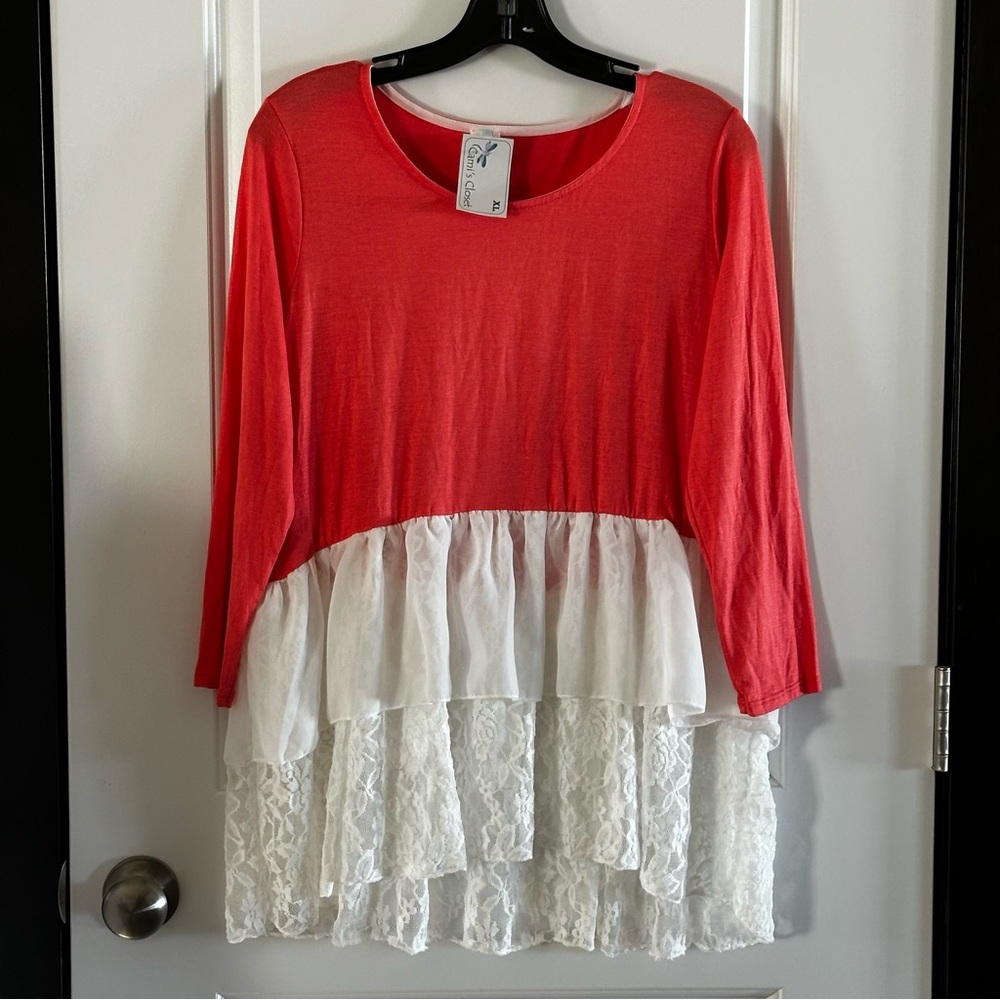 Bellamie Coral Long Sleeve Top with Lace Ruffle Hem – Size XL (NWOT)